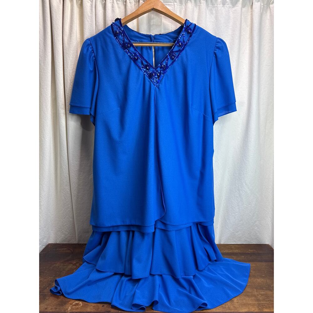 David Rose Vintage Tiered Cocktail Dress Royal Blue Beaded Neckline Size 22WP